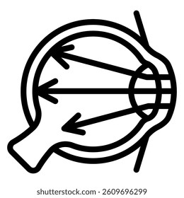 Light beam in eye line icon, optics and vision concept. Vector graphics. Human eye organ with ray arrows sign on white background, style mobile or design
