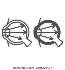 Light beam in eye line and solid icon, optics and vision concept. Vector graphics. Human eye organ with ray arrows sign on white background, outline style icon for mobile or web design