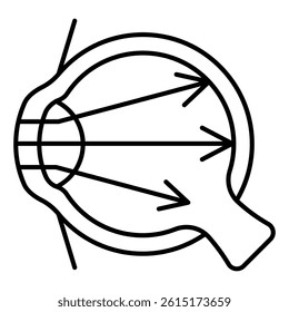 Light beam in eye thin line icon, optics and vision concept. Vector graphics. Human eye organ with ray arrows sign on white background, style mobile or design