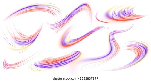 Light beam illustration, neon light strip, high speed motion background, on transparent background in PNG format. Speed of light concept png background.	
