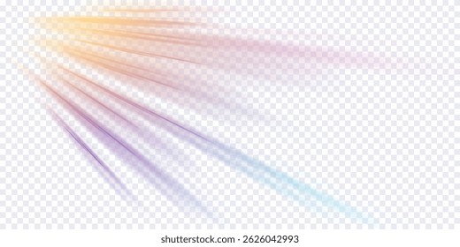Light beam illustration, neon light strip, high speed motion background, on transparent background in PNG format. Glow luminous glitter shimmer trail. 