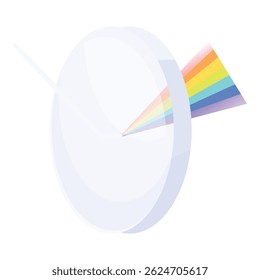 Light beam refracting and separating through a prism, creating a visible spectrum of colors on a white background