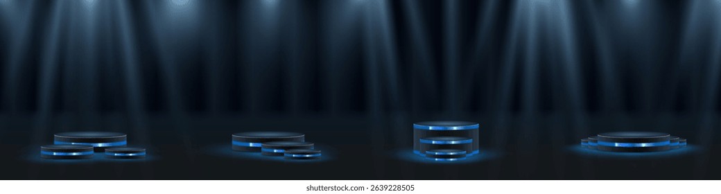 Light beam shines directly with elegant symmetry. Projector glow suits concert and spotlight vector. Transparent reflection adds realism to scene. Studio lighting helps isolate presentation element.