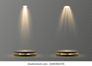 Light beam shines directly with elegant symmetry. Projector glow suits concert and spotlight vector. Transparent reflection adds realism to scene. Studio lighting helps isolate presentation element.