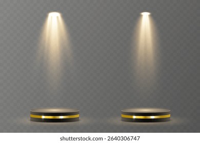 Light beam shines directly with elegant symmetry. Projector glow suits concert and spotlight vector. Transparent reflection adds realism to scene. Studio lighting helps isolate presentation element.