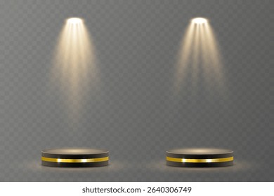 Light beam shines directly with elegant symmetry. Projector glow suits concert and spotlight vector. Transparent reflection adds realism to scene. Studio lighting helps isolate presentation element.