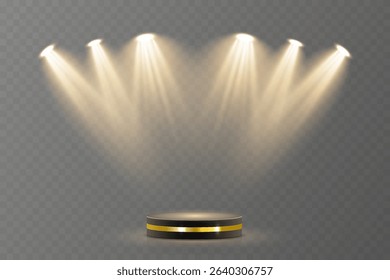 Light beam shines directly with elegant symmetry. Projector glow suits concert and spotlight vector. Transparent reflection adds realism to scene. Studio lighting helps isolate presentation element.