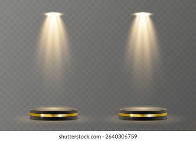 Light beam shines directly with elegant symmetry. Projector glow suits concert and spotlight vector. Transparent reflection adds realism to scene. Studio lighting helps isolate presentation element.