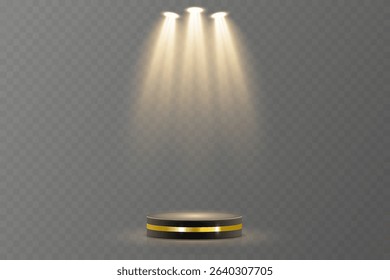 Light beam shines directly with elegant symmetry. Projector glow suits concert and spotlight vector. Transparent reflection adds realism to scene. Studio lighting helps isolate presentation element.