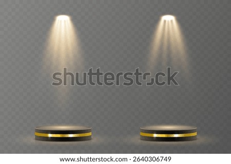 Light beam shines directly with elegant symmetry. Projector glow suits concert and spotlight vector. Transparent reflection adds realism to scene. Studio lighting helps isolate presentation element.