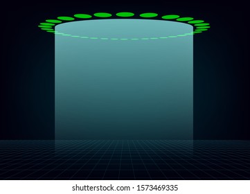 Light beam shines down from above with perspective grid line on the bottom.