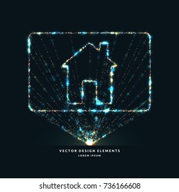 Light beams and dynamic particles. The silhouette of the house against a dark background. Vector illustration.
