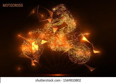 Light beams motocross. Hologram motorcyclist. Gold glitter Motorsport. Motocross of gold dust and particles. Low poly vector illustration of motocross.