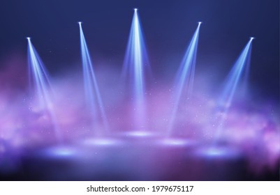 Light beams of searchlights in purple and blue puffs of smoke on a black background. Festive background for night show, party, presentation. Vector illustration EPS10