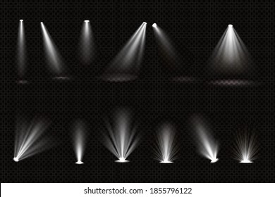 Light beams from spotlights and floor projectors isolated on transparent background. Vector realistic set of bright white rays for illumination show, concert, theater stage or podium