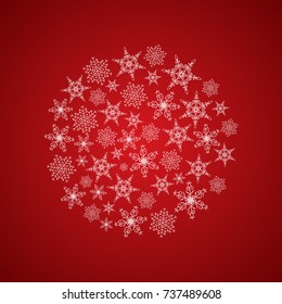 Light beautiful festive winter composition with elegant white snowflakes in round shape on red background vector illustration