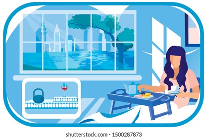 Light Bedroom with Big Window, Facing Summer City with Skyscrapers and Office Buildings. Young Brunette, Having Pancakes and Tea for Breakfast in Bed. Waterproof Comfortable Mattress with Memory Foam.