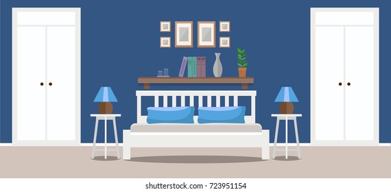 Light bedroom interior with double bed, tables, and wardrobes. Flat style vector illustration, design template