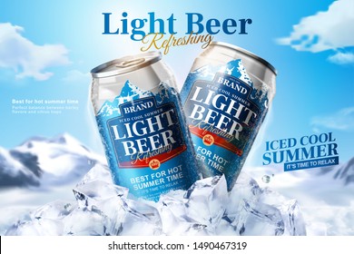 Light beer ads design with aluminium can on ice cubes in 3d illustration