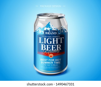 Light beer aluminium can package design on blue background in 3d illustration