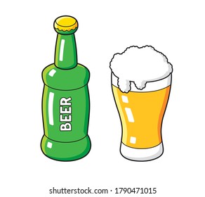 Light beer bottle and glass isolated cartoon vector
