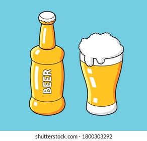 Light beer bottle and glass isolated cartoon vector icons