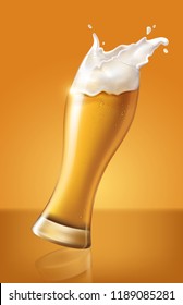 light beer in glass cup, refreshing drink with white foam in 3d illustration, splashing beer vector illustration