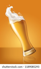 light beer in glass cup, refreshing drink with white foam in 3d illustration, splashing beer vector illustration