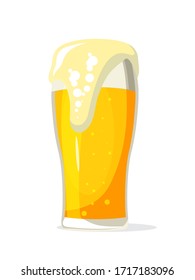 Light beer glass flat vector illustration. Frothy alcohol beverage, fizzy drink, lager pint side view. Traditional bar, pub product isolated on white background. Tavern logotype design element