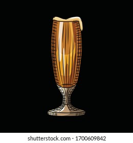 Light beer glass with foam on black background. Hand drawn alcohol drink poster. Engraving style vector illustration. Design for pub menu, cards, banner, prints, packaging. 