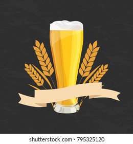 Light beer in a glass with foam vector flat illustration on black grunge chalk background with wheat