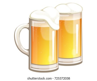 Light beer in glass mugs.