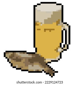 Light Beer Mug Alcohol with fish Pixel Art. Snack at the football bar. Art isolated on white background. vector illustration. Item for game or graphic design.
