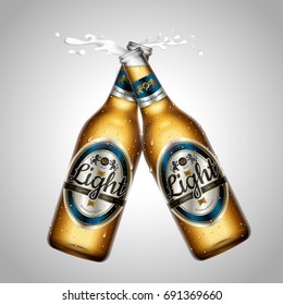 Light beer package design mockup, two bottles with splash beer in 3d illustration, isolated on grey background
