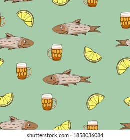 Light beer with snacks. Hand drawn cartoon style illustration. Lime and fish. Glass cup. Bright colors. Mexican style beer.