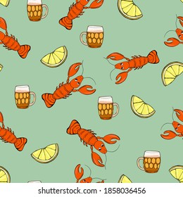 Light beer with snacks. Hand drawn cartoon style illustration. Beverage, lime and lobster. Glass cup. Bright colors. Mexican style beer.