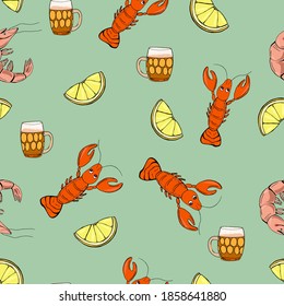 Light beer with snacks. Hand drawn cartoon style illustration. Beverage, lime shrimp and lobster. Glass cup. Bright colors. Mexican style beer.