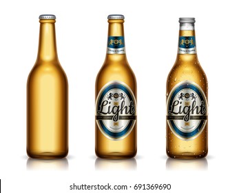 Light beer template mockup, package design and blank bottles in 3d illustration, isolated on white background