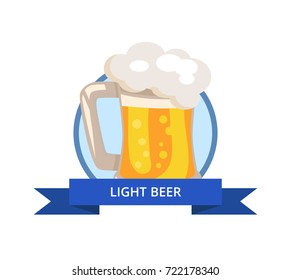 Light beer in traditional mug with handle, white foam and bubbles vector in circle with text on blue ribbon. Alcoholic beverage in transparent glassware