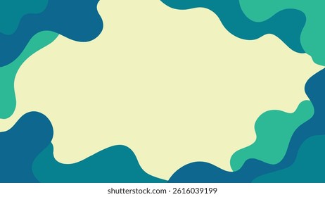 A light beige backdrop is framed by flowing, overlapping teal and turquoise shapes, creating a vibrant and abstract design.