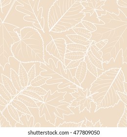Light beige background with outline hand drawn autumn leaves. Vector fall seamless pattern. Design concept for fabric, textile print, wrapping paper or web backgrounds.