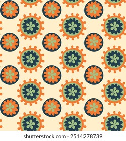 Light beige background with a repeating circular floral pattern in green, orange, and navy. The retro-inspired design features stylized flowers within decorative circles, ideal for playful textiles 