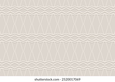 Light beige background, tribal cover design, banner. Geometric figured 3D pattern, embossing. Ethnic minimalist ornaments of the East, Asia, India, Mexico, Aztec, Peru in handmade style.