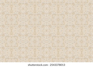 Light beige boho background, tribal cover design, banner. Geometric artistic 3D pattern, embossing. Textured ornaments, arabesques, mandala of the East, Asia, India, Mexico, Aztec, Peru. Ethnic print.