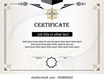 Light beige certificate with black elements. Black and gold sign