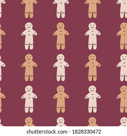 Light and beige colored gingerbread man cookie silhouettes seamless pattern. Maroon background. Winter tasty print. Designed for wallpaper, textile, wrapping paper, fabric print. Vector illustration.