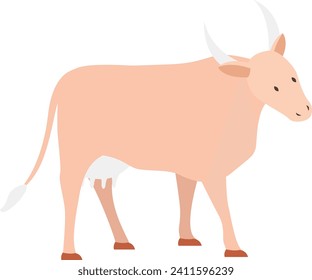 Light beige cow with horns standing side view on white background. Simple farm animal design. Livestock and dairy vector illustration.