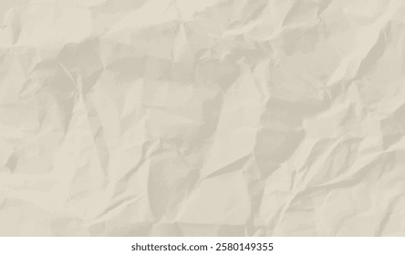 Light beige crumpled paper, vector background texture. Neutral wrinkled creased worn sheet