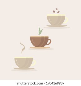 Light beige cups on a light background. 
The atmosphere of tea drinking and communication.
Vector illustration for flyers.