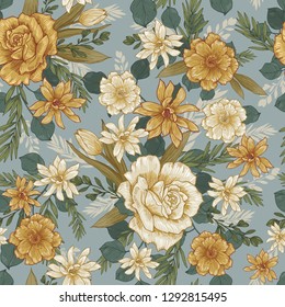 Light beige daisies and roses with rosehip flowers with green leaves. Pattern on a blue background. Vintage vector illustration.
